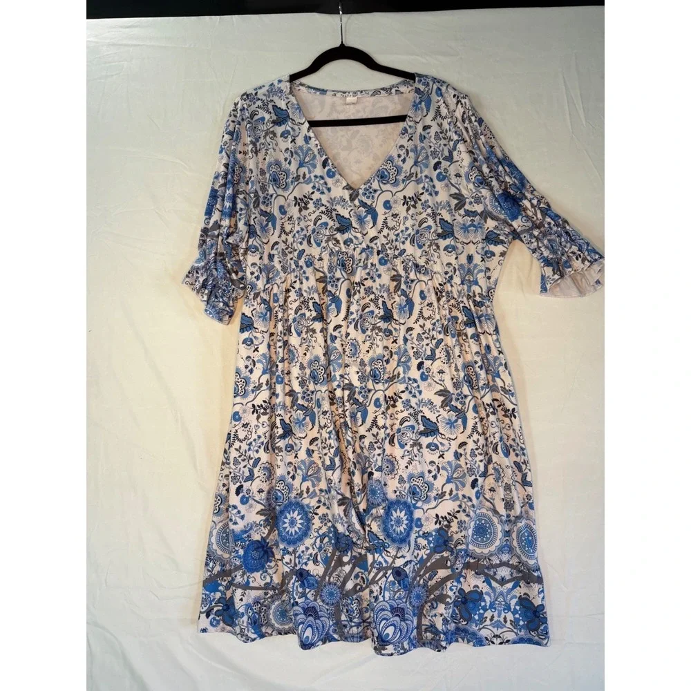 Pink Daisy womens blue & white floral 3/4 sleeve dress Sz 3x cottage core comfy - Picture 1 of 11